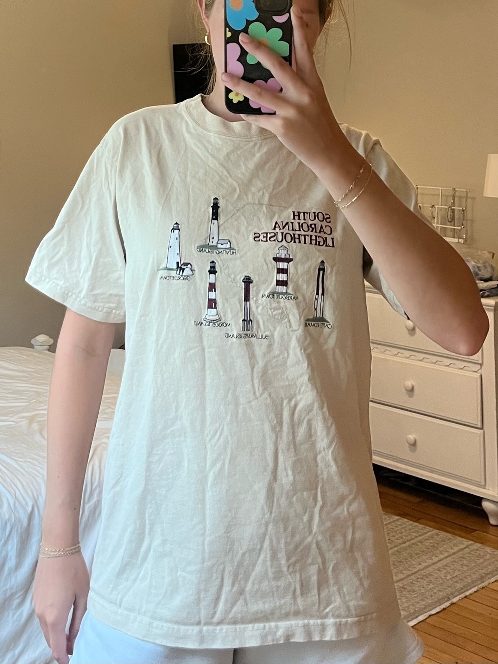 Cream Graphic T-Shirt with Lighthouse Print